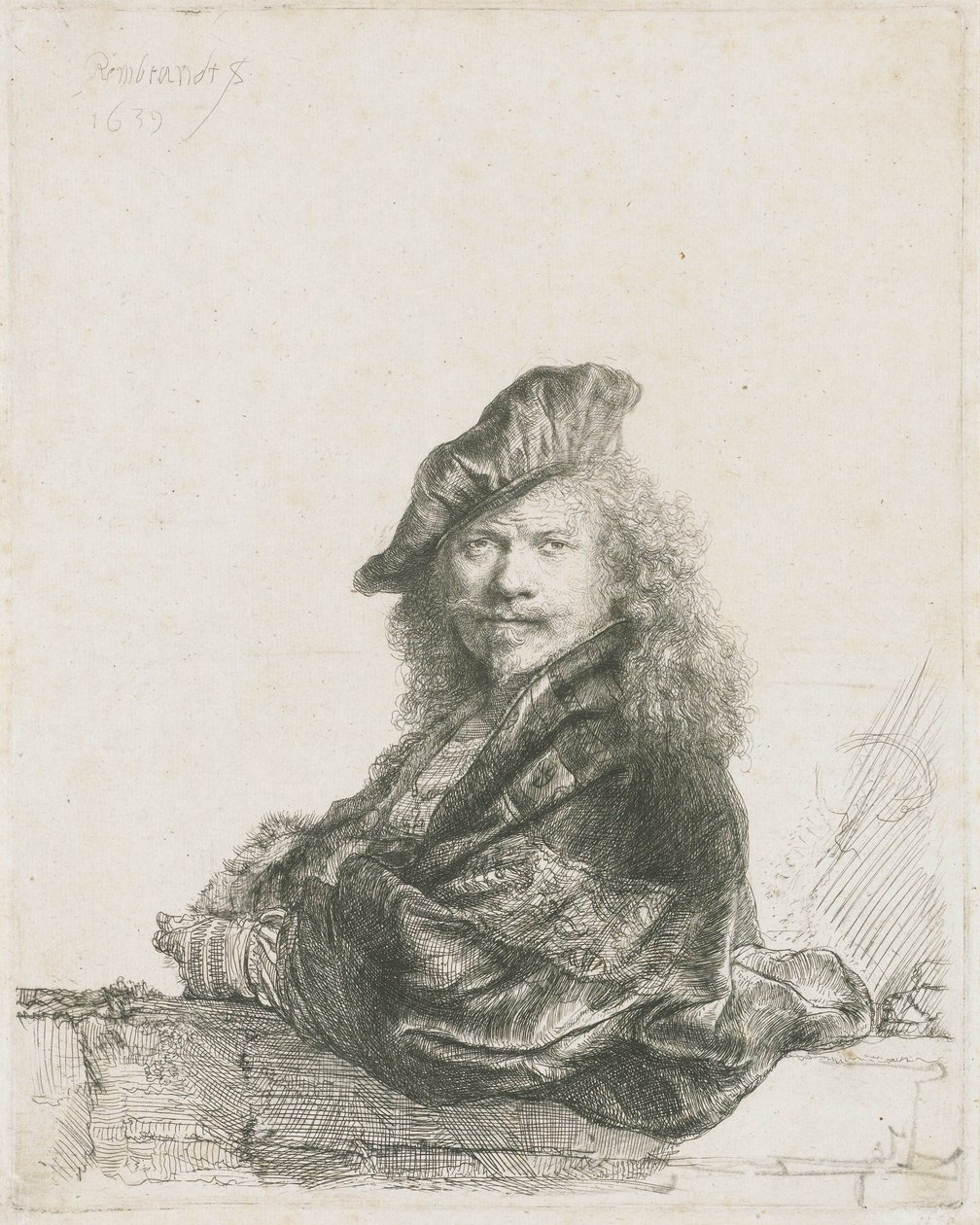 Zelfportret leunend met onderarm op een muur, 1639 door Rembrandt van Rijn