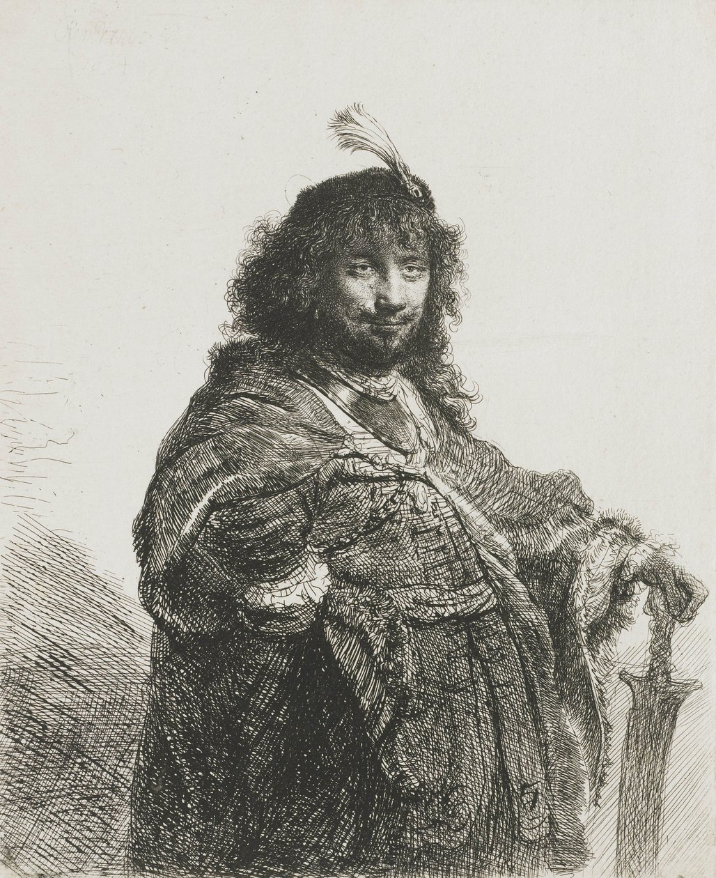 Zelfportret(?) met gevederde baret, leunend met hand op een zwaard, 1634 door Rembrandt van Rijn