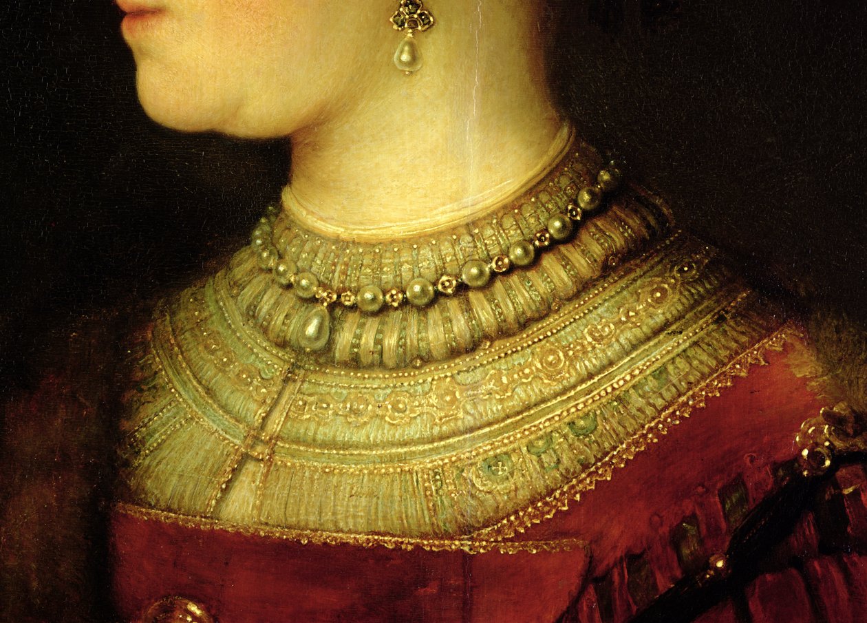 Portret van Saskia van Uylenburgh in rijke kleding (detail) door Rembrandt van Rijn