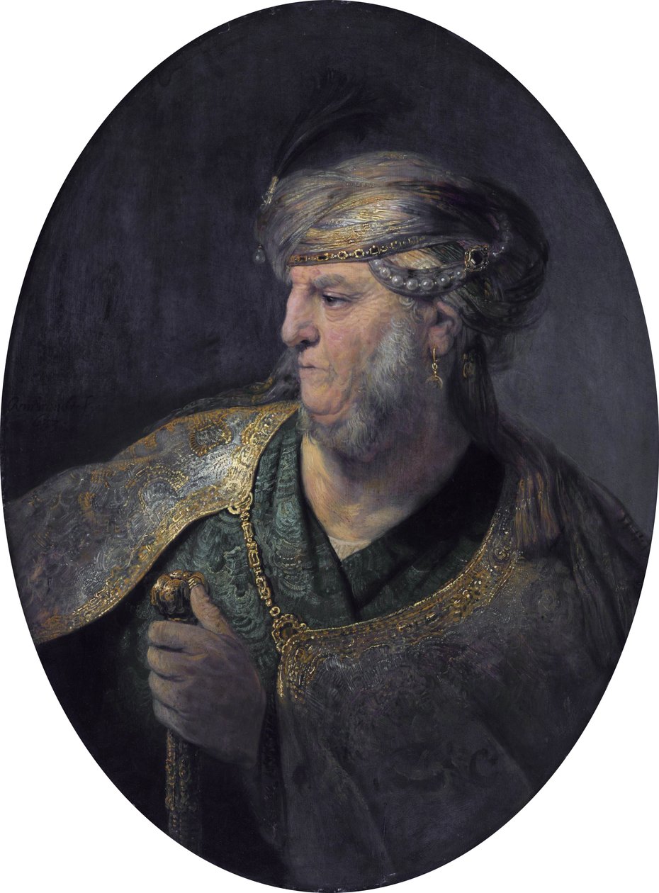 Borstbeeld van een man in oosterse kleding door Rembrandt van Rijn