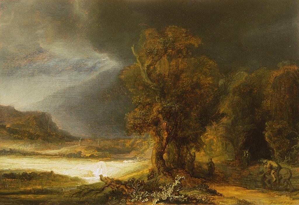 Landschap met de barmhartige Samaritaan door Rembrandt van Rijn