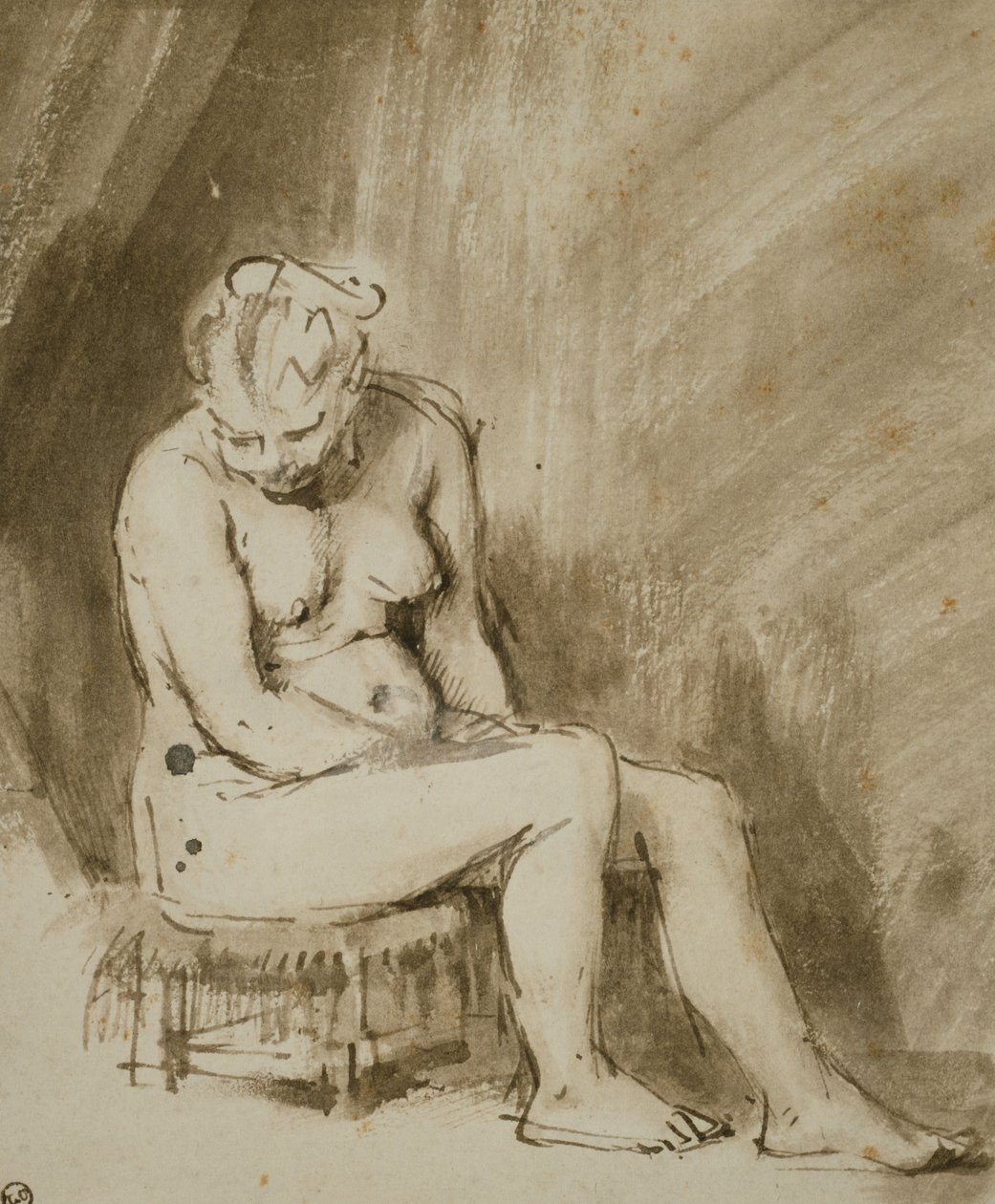 Naakte Vrouw Zittend op een Kruk door Rembrandt van Rijn