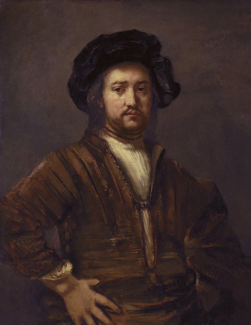 Portret van een man met de handen in de zij door Rembrandt van Rijn