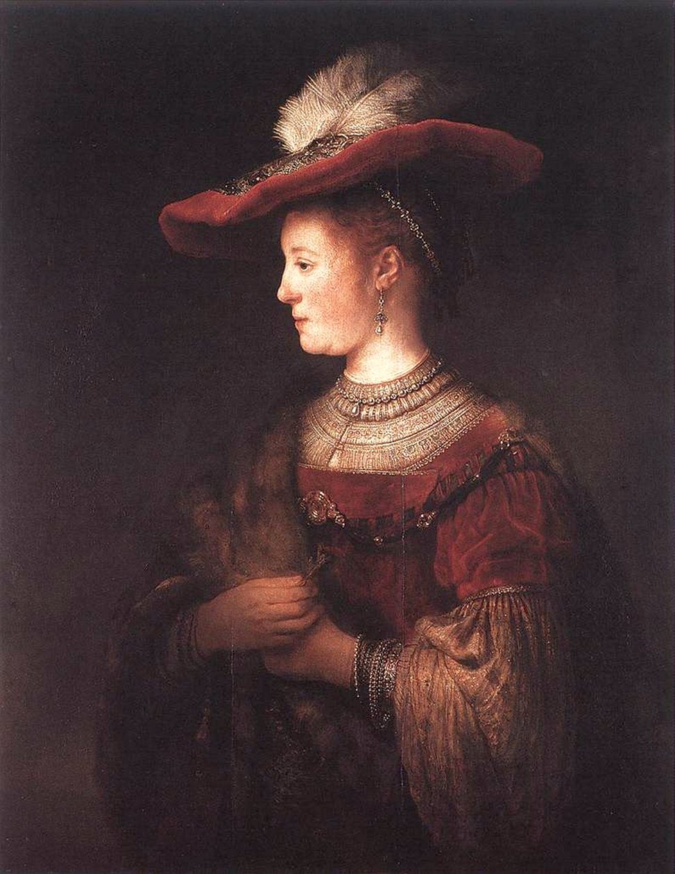 Saskia in pompeuze kleding door Rembrandt van Rijn