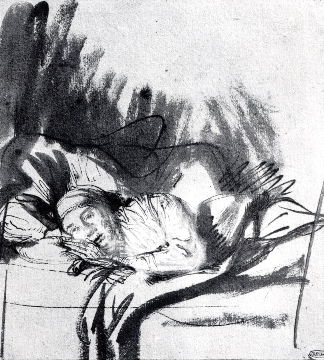 Zieke vrouw in een bed, misschien Saskia, vrouw van de schilder, c.1640 door Rembrandt van Rijn