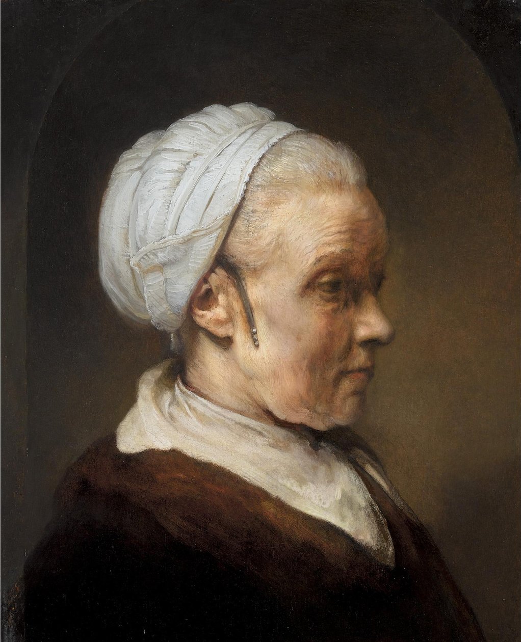 Studie van een oude vrouw in een witte dop door Rembrandt van Rijn