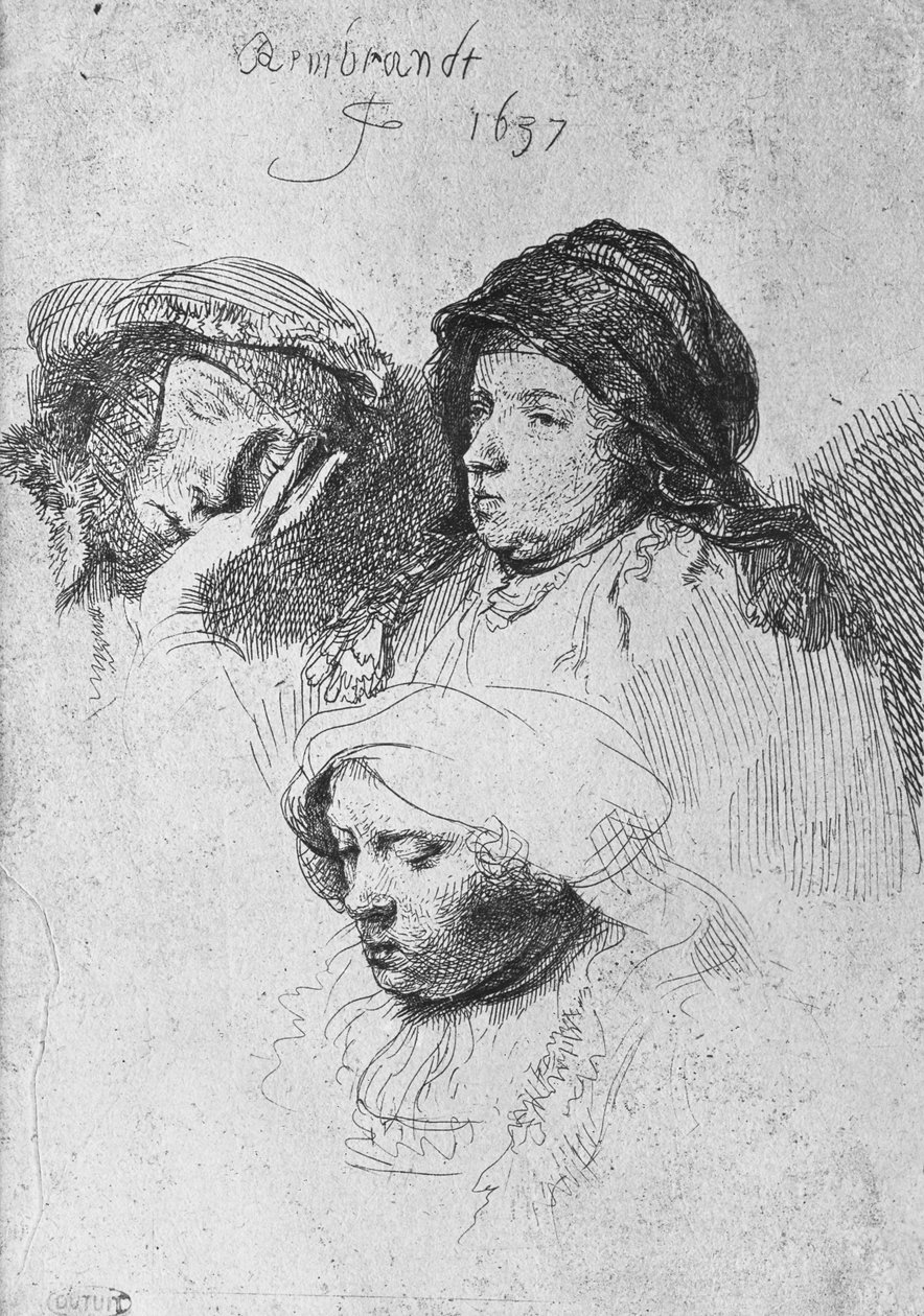 Drie vrouwelijke hoofden met één slapend, 1637 door Rembrandt van Rijn