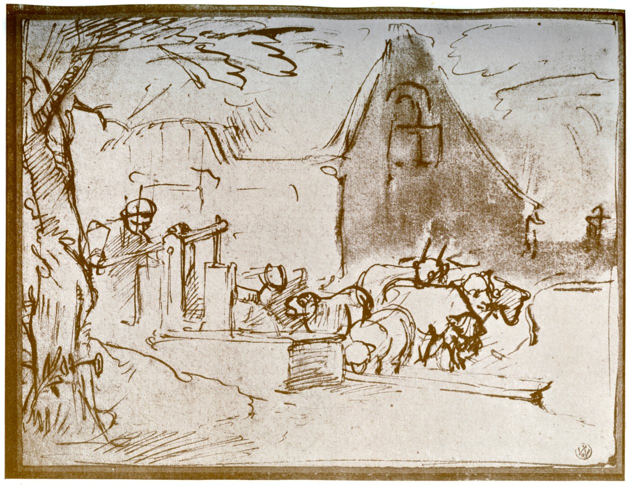 Een boerenerf tafereel door Rembrandt van Rijn