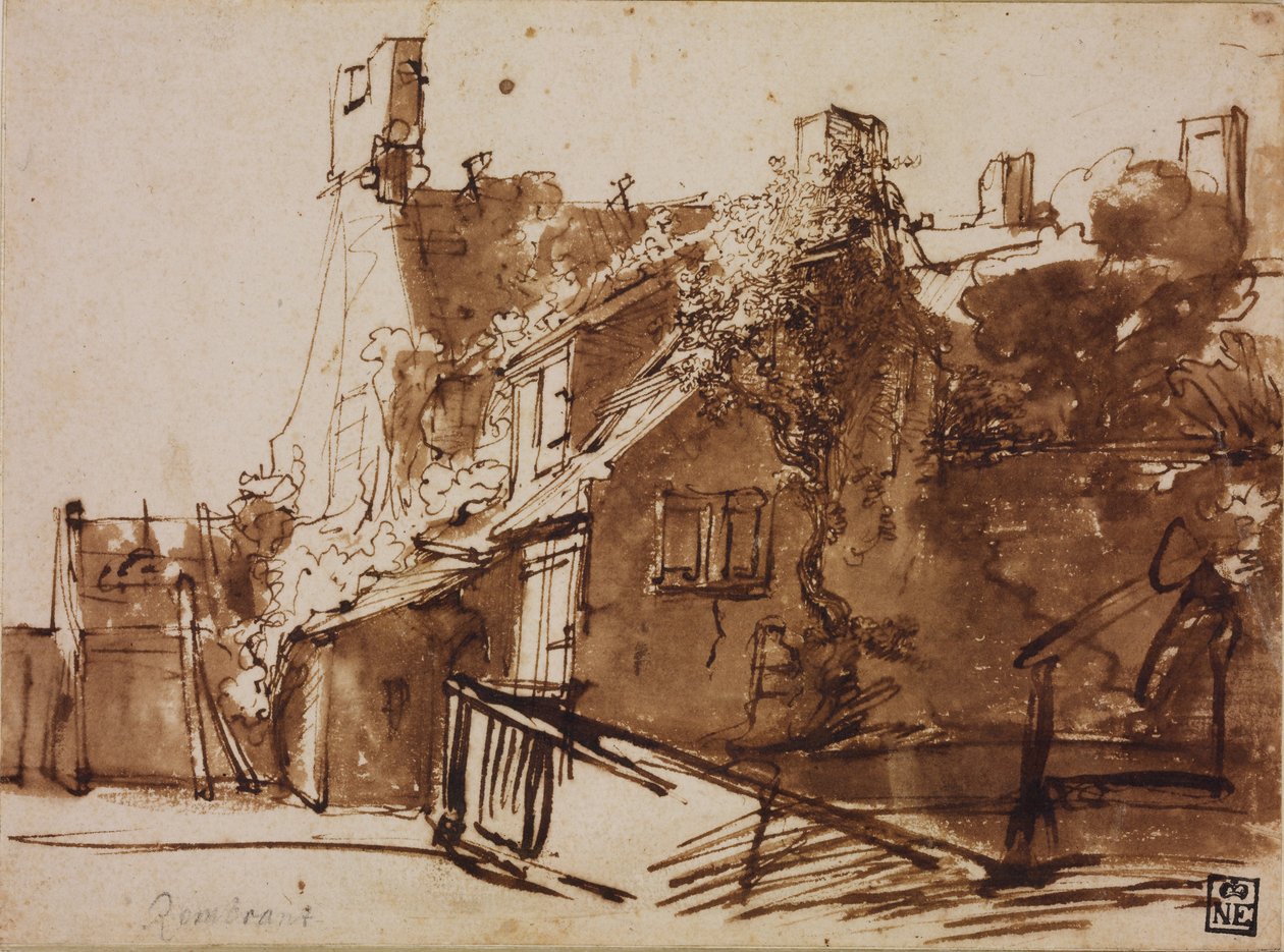 Boerderij in zonlicht door Rembrandt van Rijn