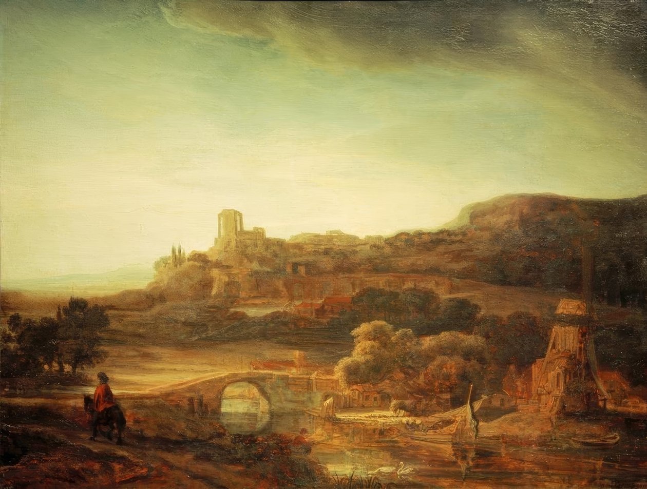 Rivierlandschap met windmolen door Rembrandt van Rijn