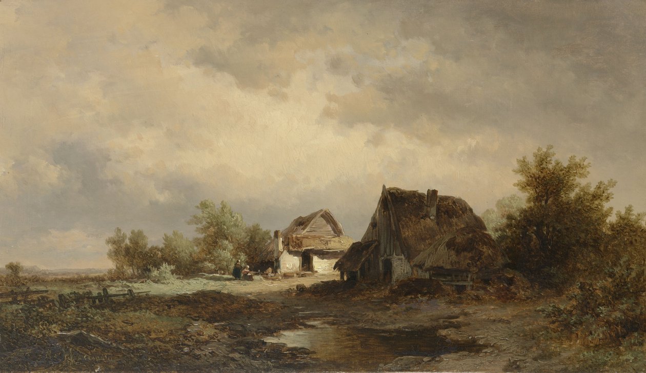 Landschap met hutten op de heide door Remigius Adrianus Haanen