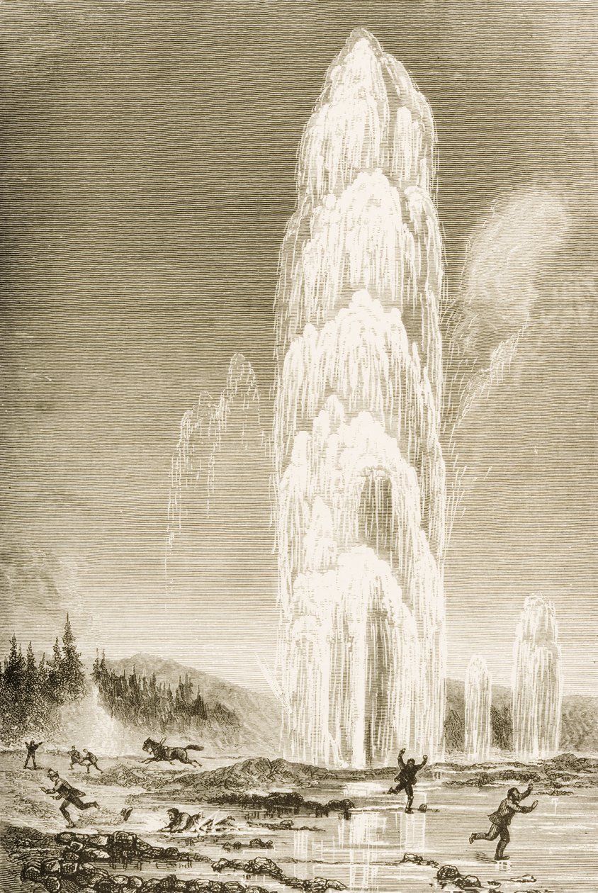 Giantess Geyser in Yellowstone National Park uitbarstend in de jaren 1870, ca. 1880 door Reverend Samuel Manning