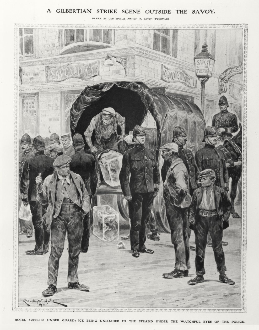 Een Gilbertiaanse stakingsscène buiten de Savoy, 1910 door Richard Caton after Woodville