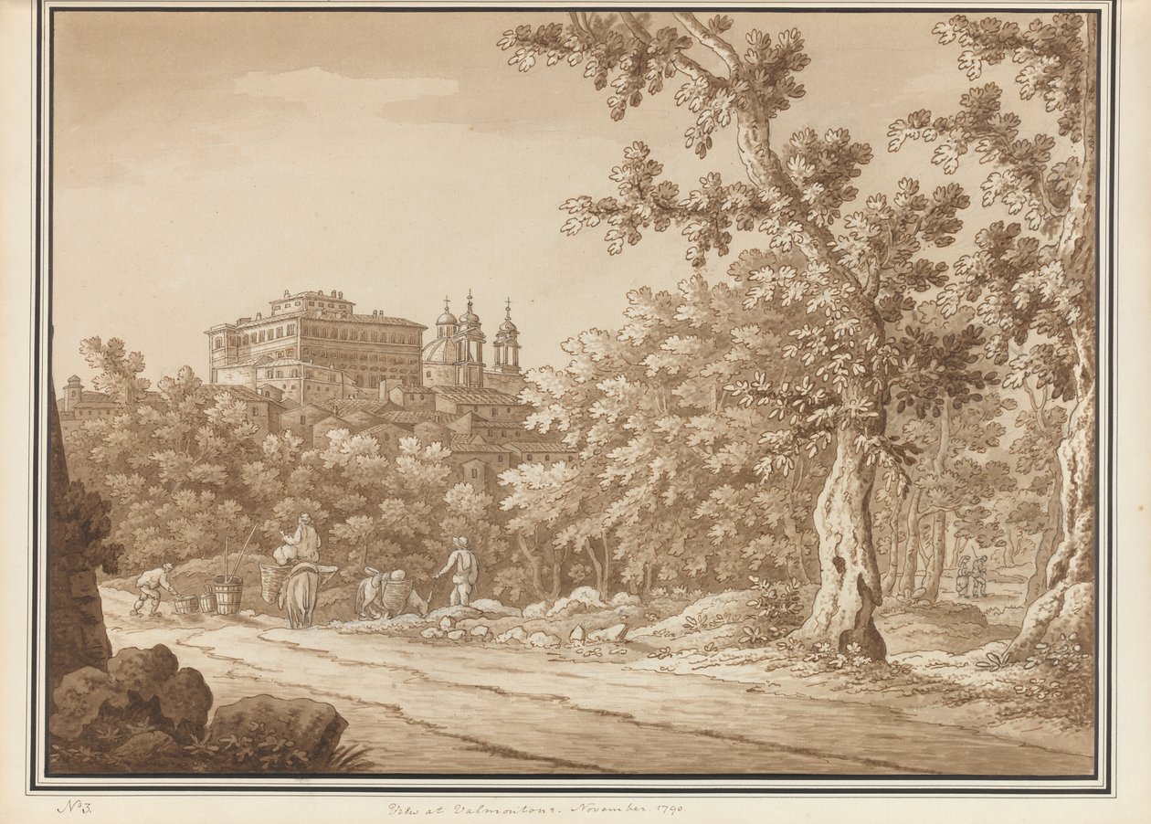 Uitzicht op Valmontone, uit een volume van 66 uitzichten getekend naar de natuur in de omgeving van Rome en Abruzzo, november 1790 door Richard Colt Hoare