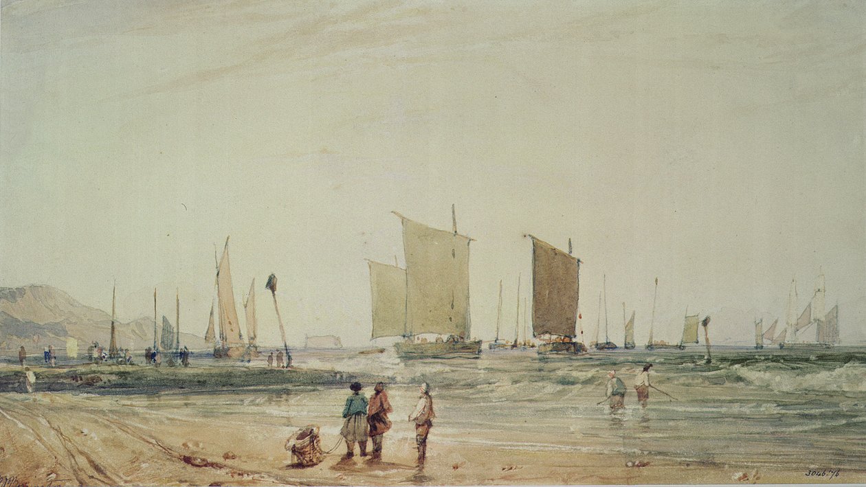 Franse kust, met vissersboten, 19e eeuw door Richard Parkes Bonington