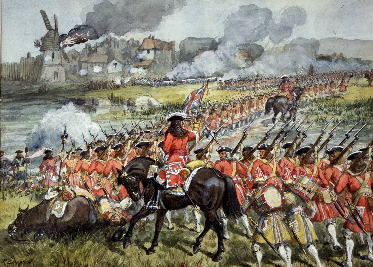 Het 16e Regiment Voetvolk bij Blenheim, 13 augustus 1704, ca. 1900 door Richard Simkin