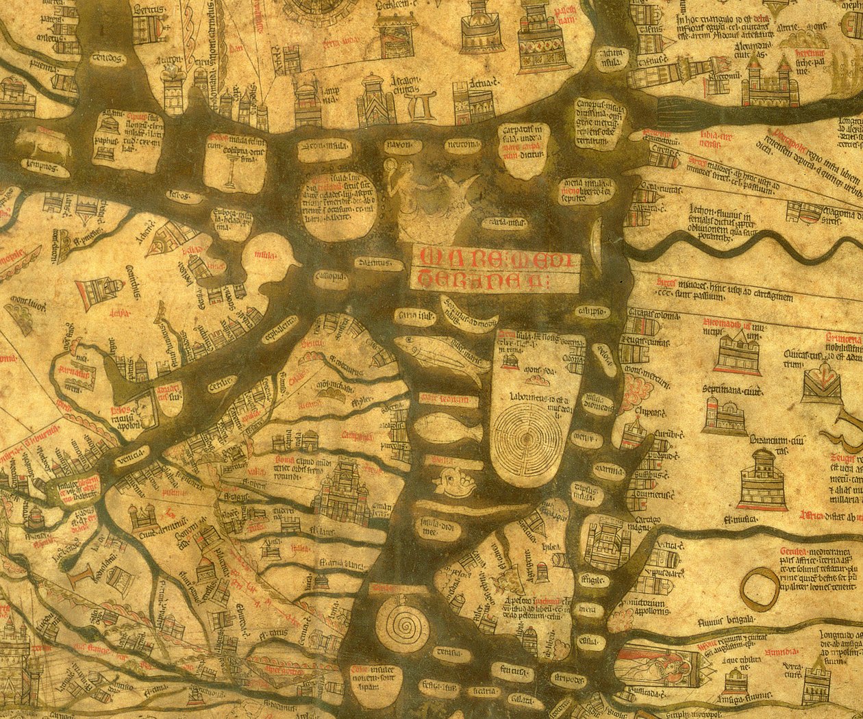 Detail van de Middellandse Zee uit de Mappa Mundi, ca. 1290 door Richard of Haldingham fl.c.1260 1305 Richard of Haldingham fl.c.1260 1305