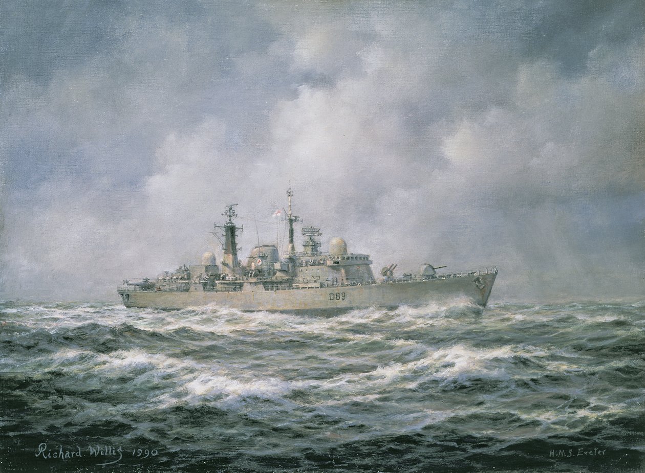 H.M.S. Exeter op zee, 1990 door Richard Willis