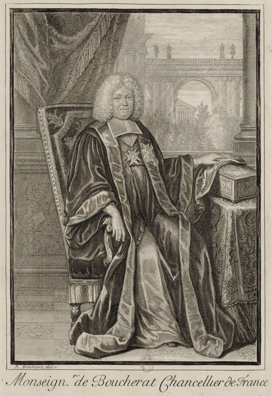 Portret van Louis Boucherat in kanseliersgewaad, met de hand op de zegelcassette van Frankrijk door Robert Bonnart