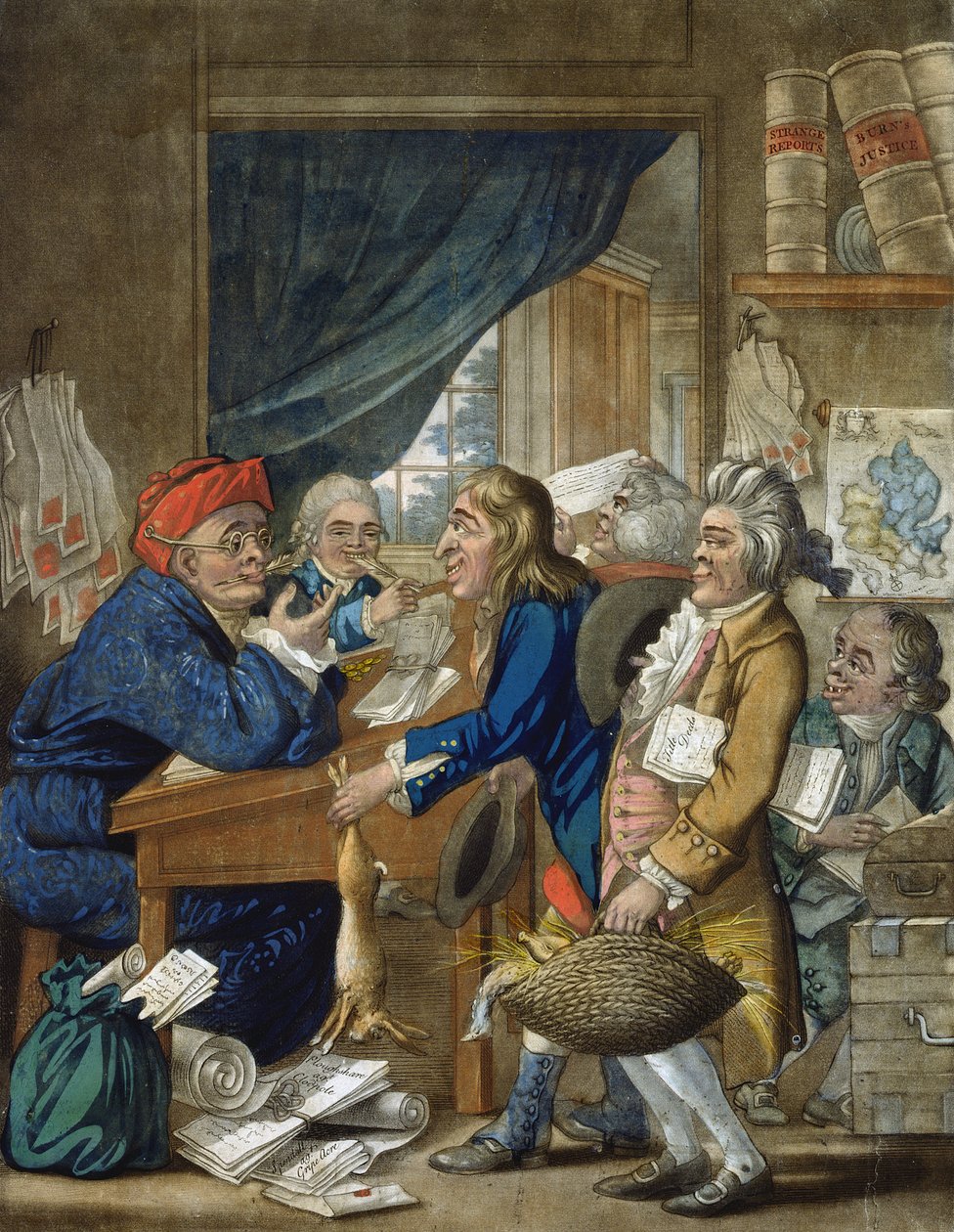 Een plattelandsadvocaat en zijn cliënten, uitgegeven door Bowles und Carver, 1800 door Robert Dighton