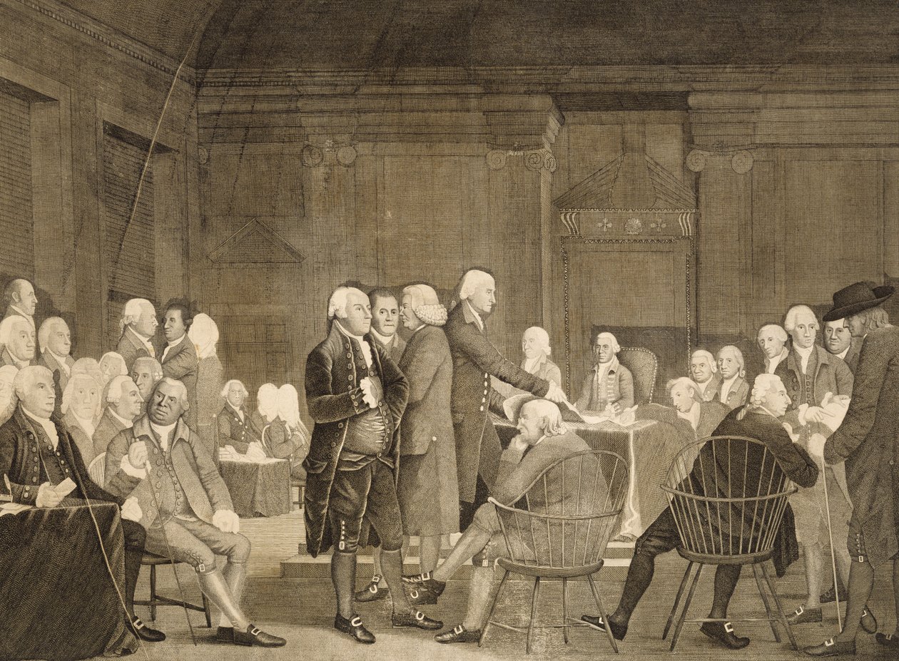 Congres stemt voor onafhankelijkheid, c. 1795 (stippelgravure op papier) door Robert Edge Pine