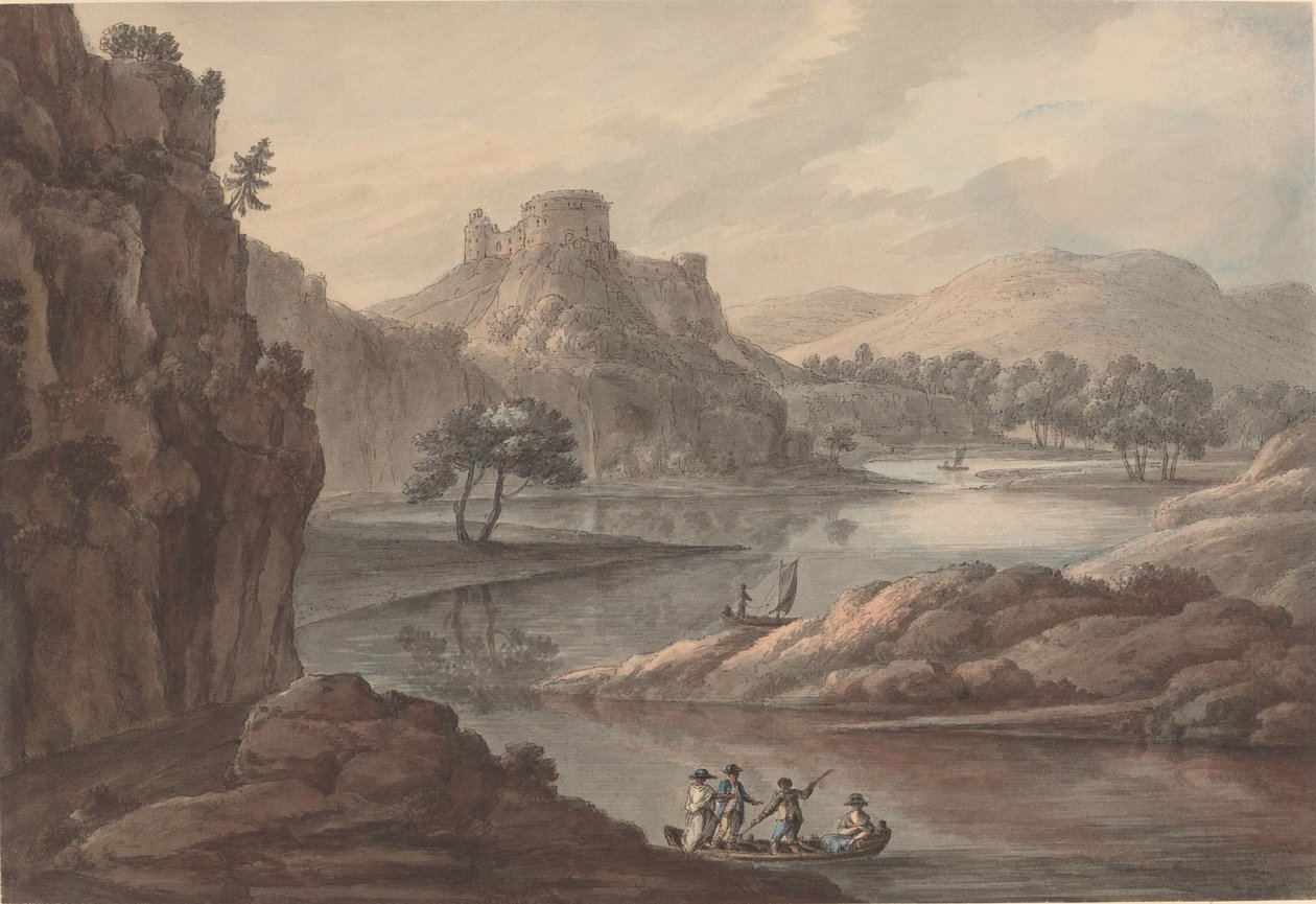 Rivierlandschap met een kasteel door Robert Adam