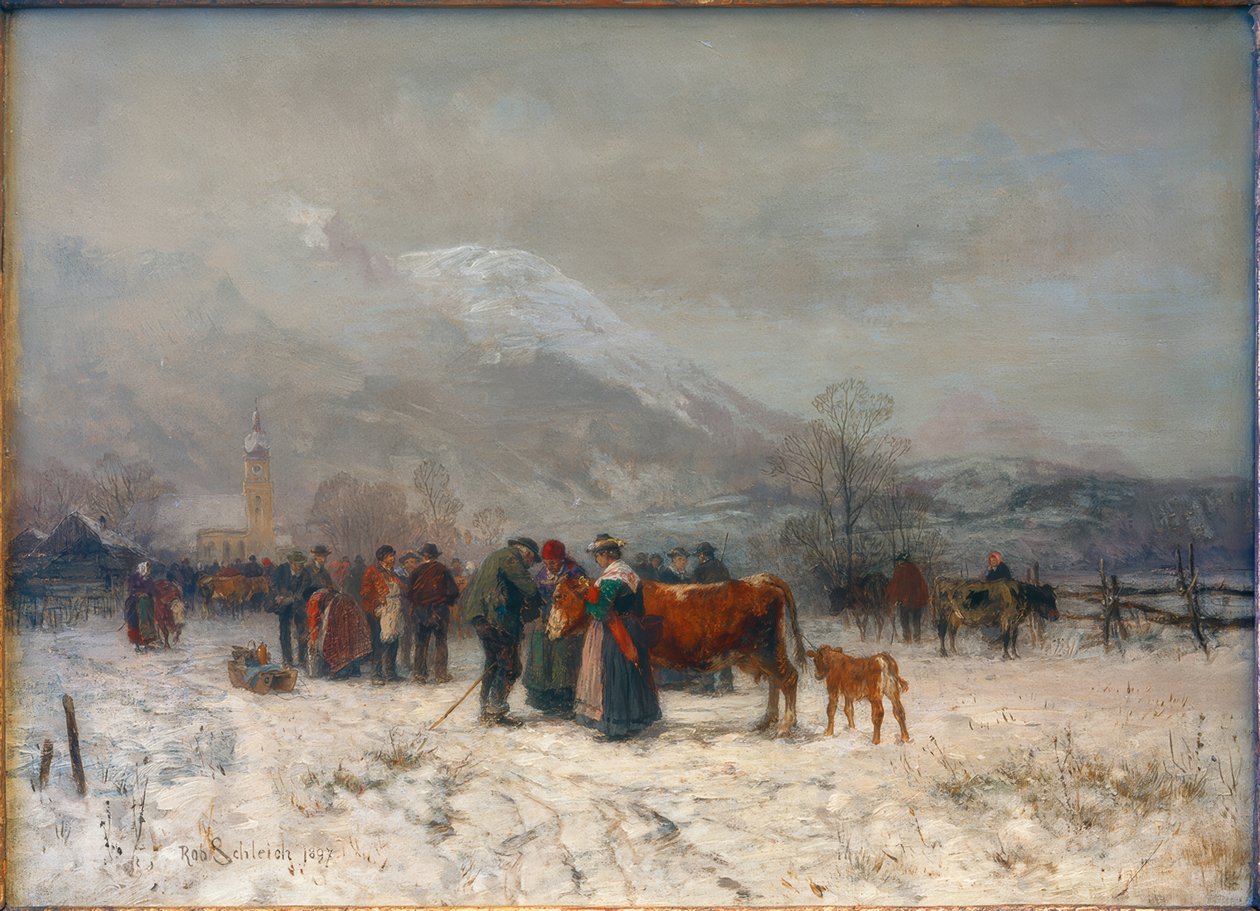 Veemarkt in de winter bij Mittenwald door Robert Schleich