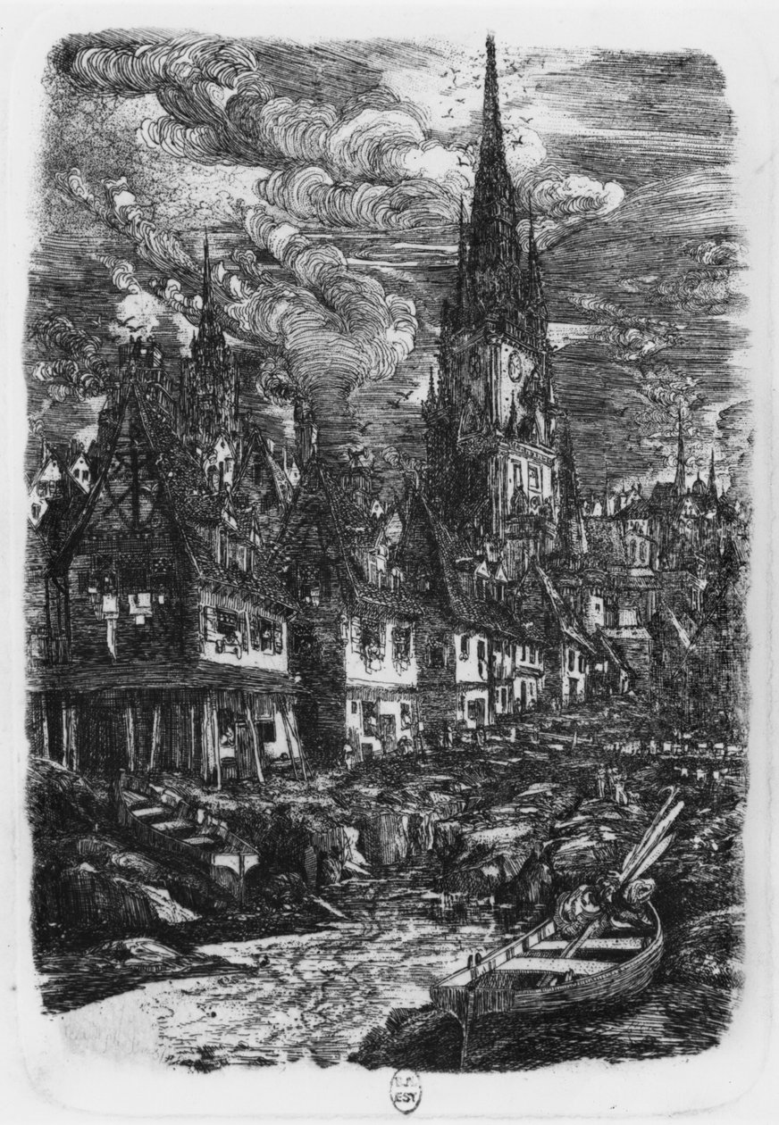 Vissershaven met spitse toren, 1860 door Rodolphe Bresdin