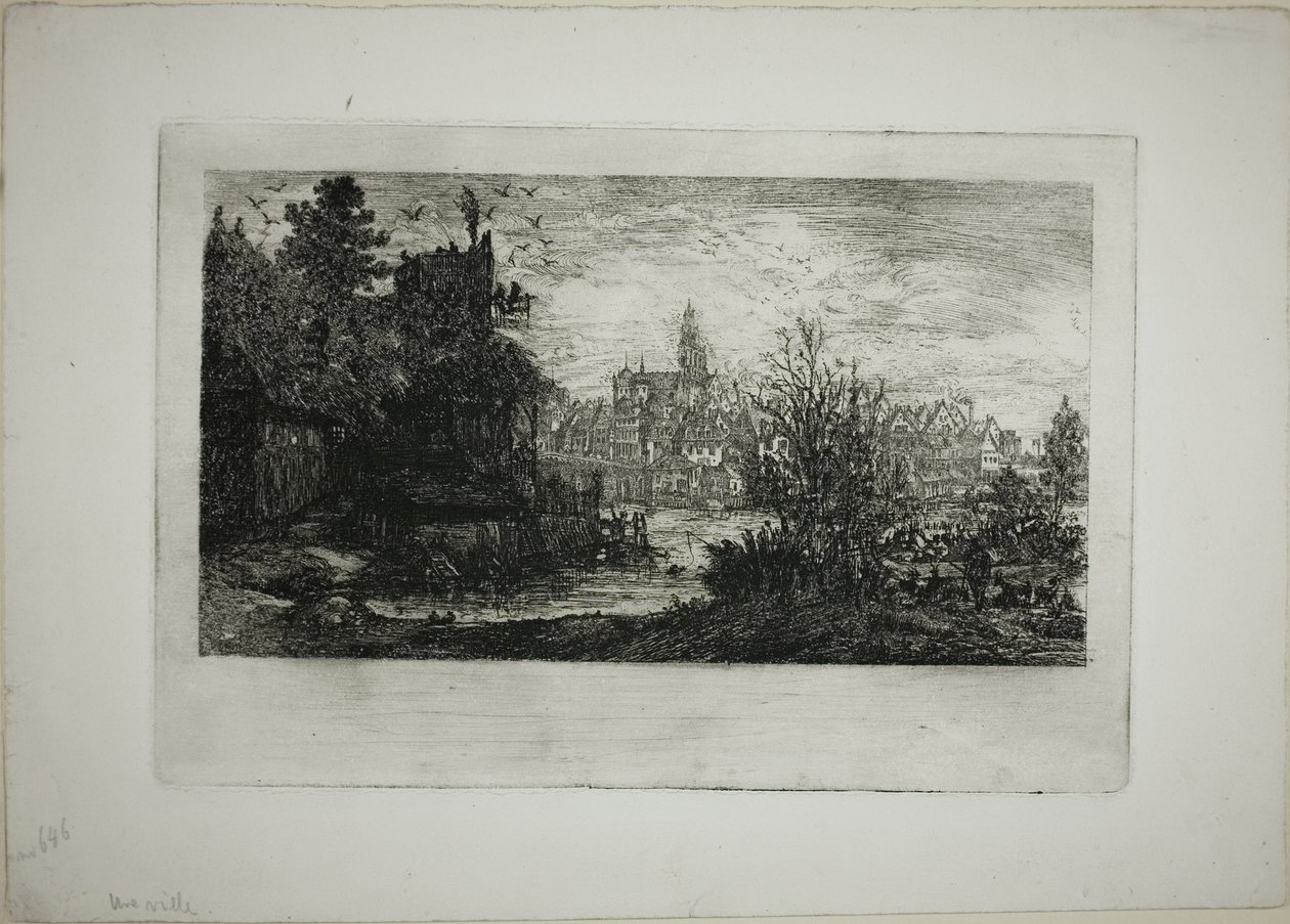 Stad met stenen brug door Rodolphe Bresdin