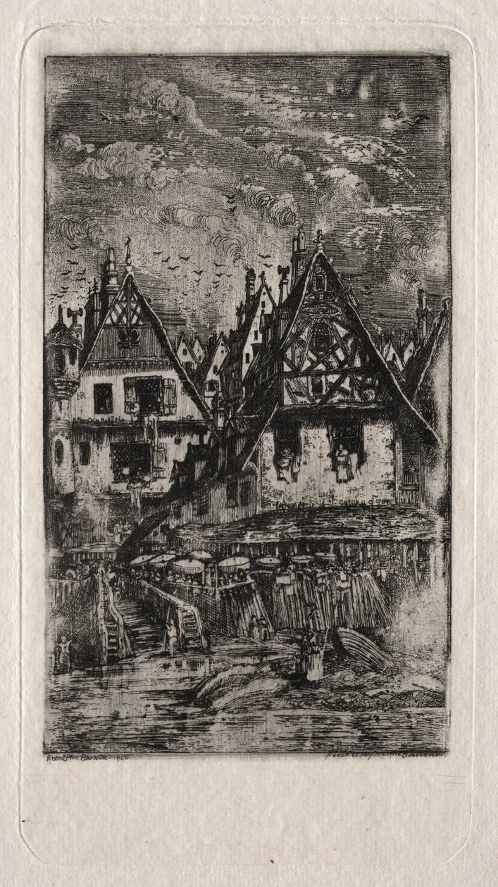 Marktplaats met parasols door Rodolphe Bresdin