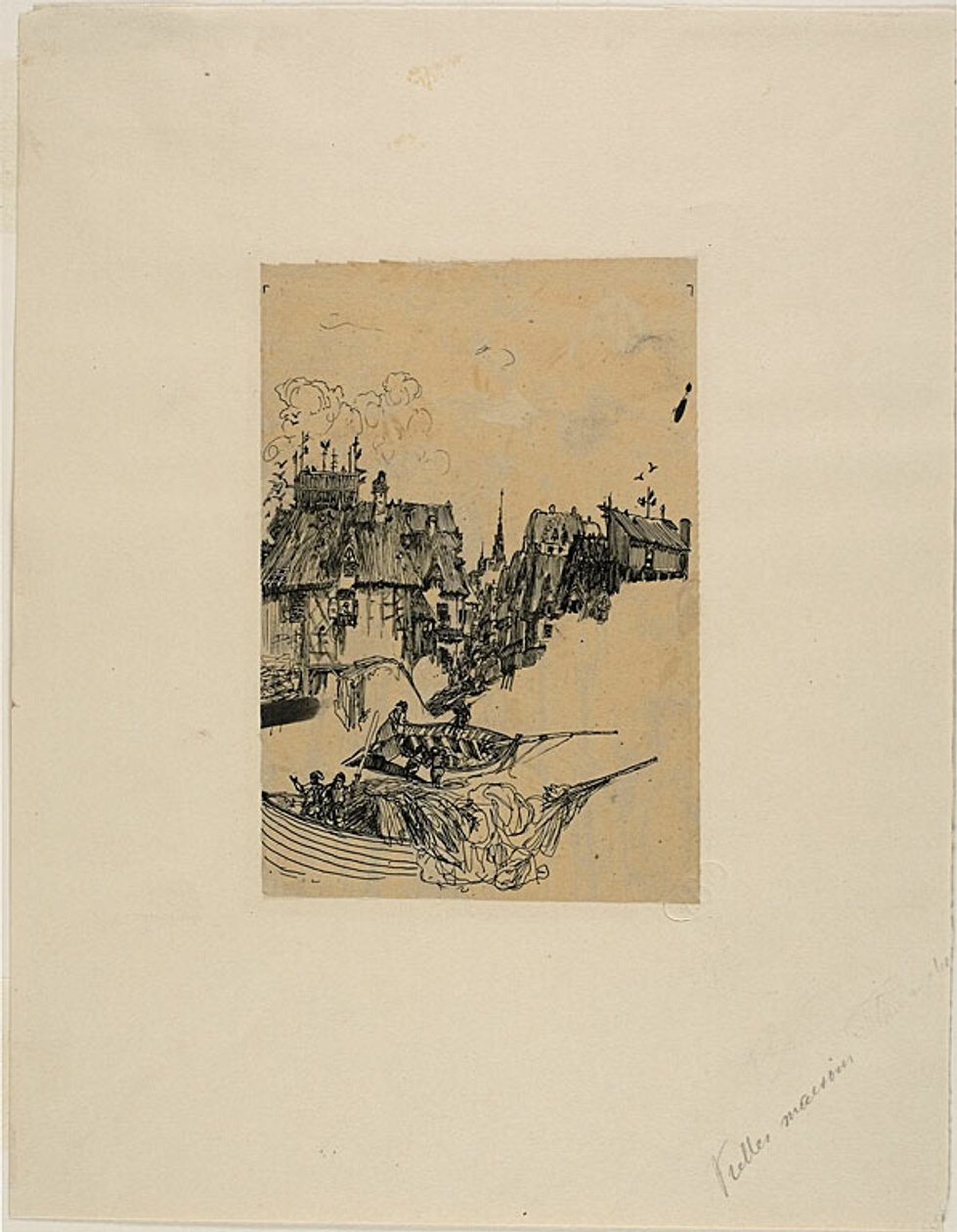 Oude huizen en vissersboten door Rodolphe Bresdin