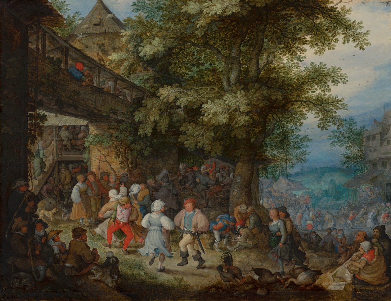 Boeren dansen buiten een Boheems herberg, c.1610 door Roelandt Jacobsz. Savery