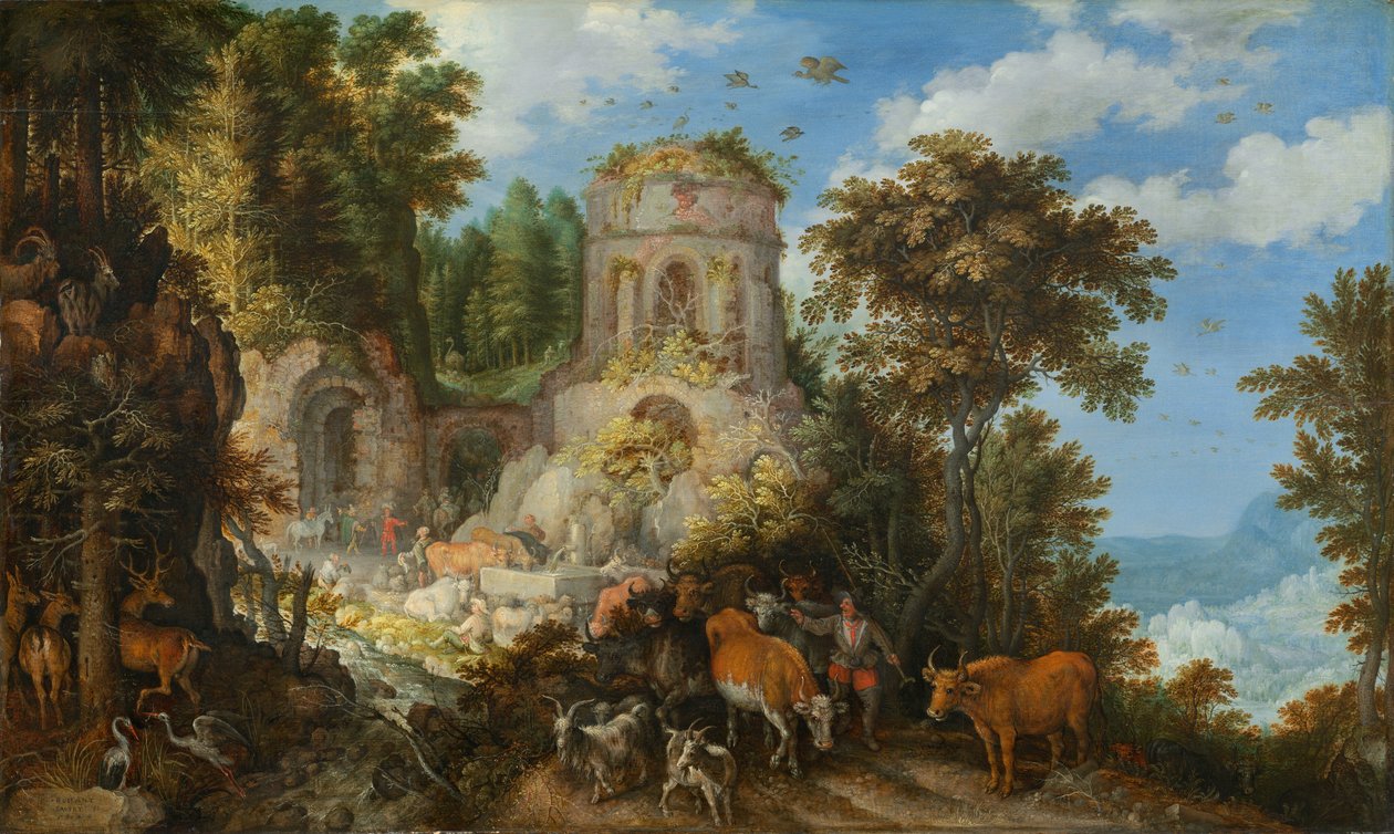 Landschap met de vlucht naar Egypte door Roelandt Savery