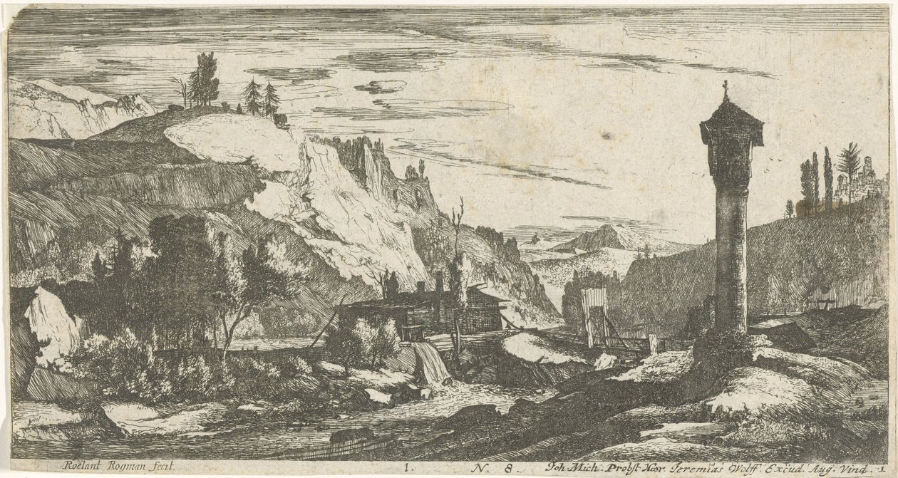 Bergachtig landschap met zuil door Roelant Roghman