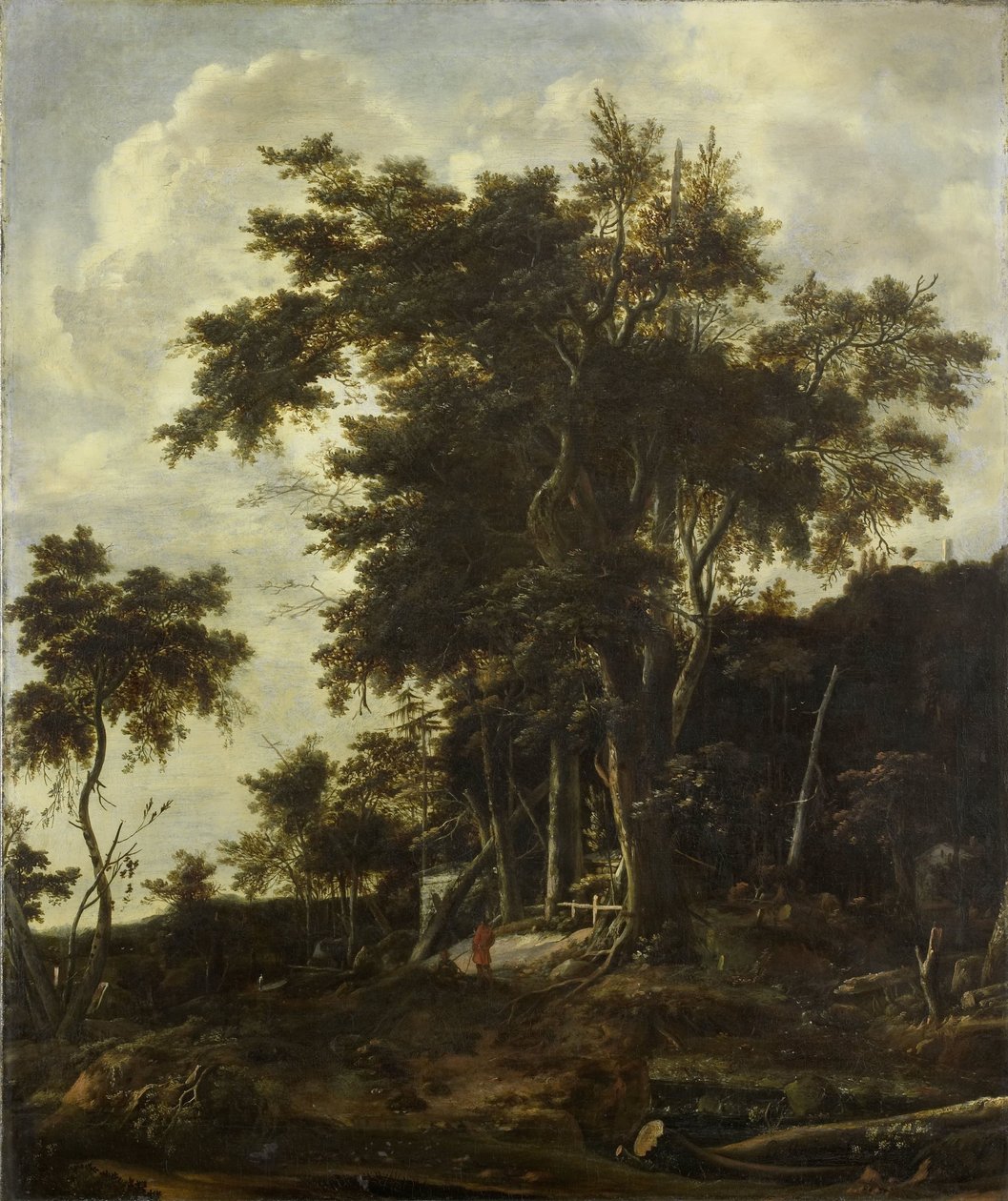 Boslandschap met een houthakkershut door Roelant Roghman