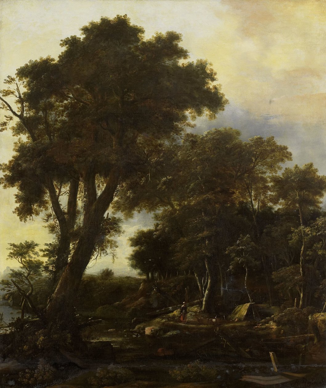Boslandschap met schuilhut door Roelant Roghman