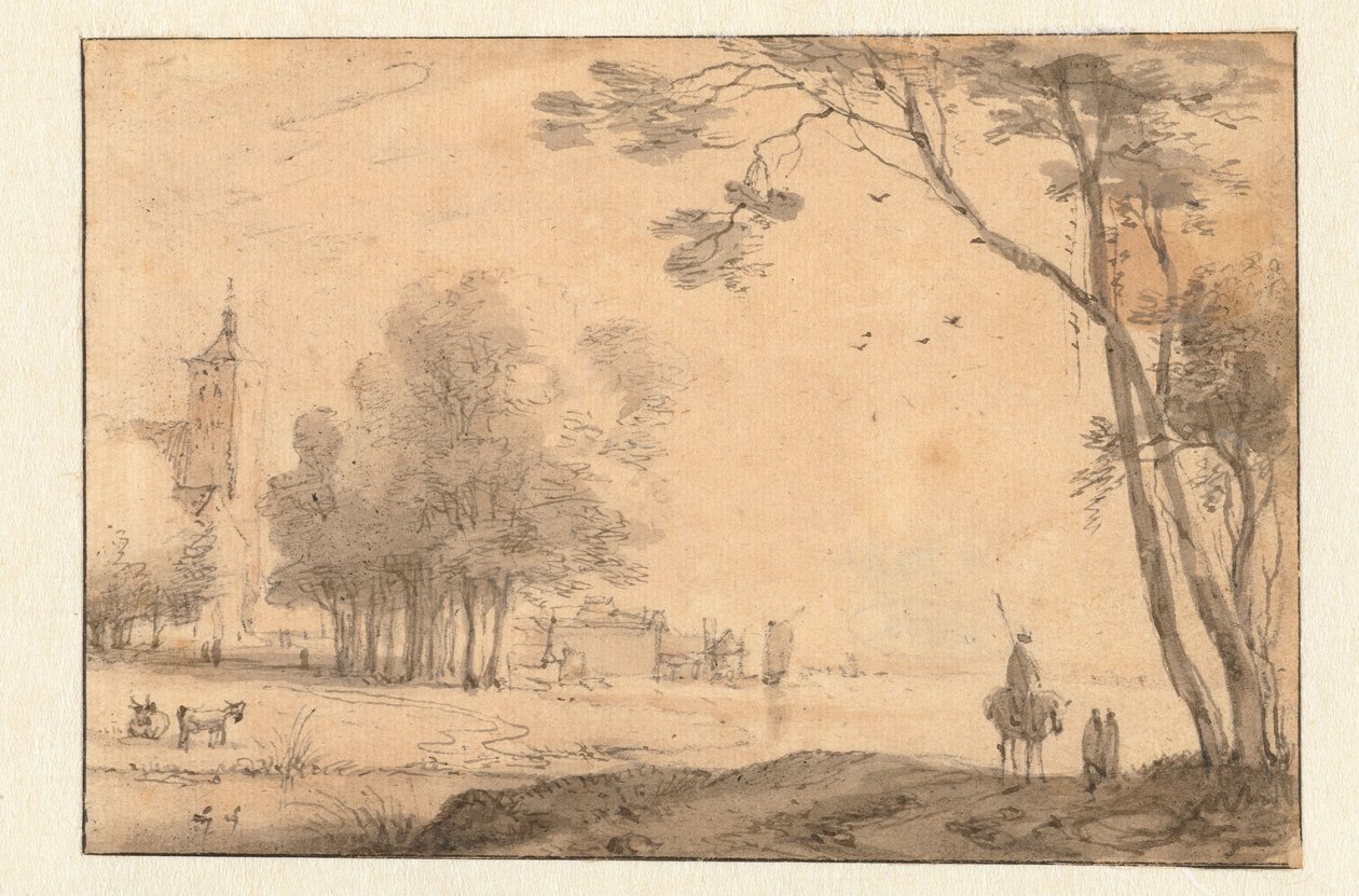 Gezicht op een stad nabij een rivier door Roelant Roghman