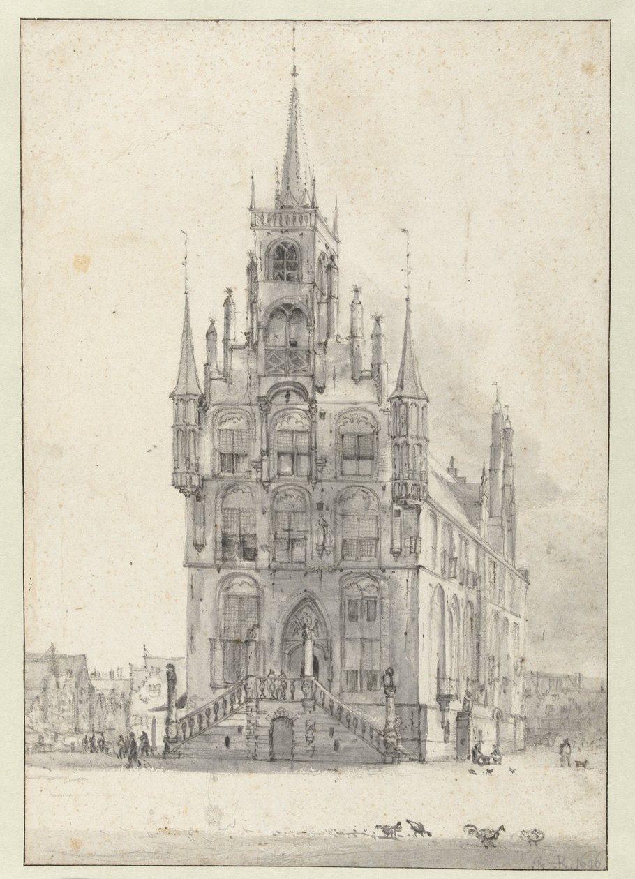 Gezicht op het stadhuis, Gouda door Roelant Roghman
