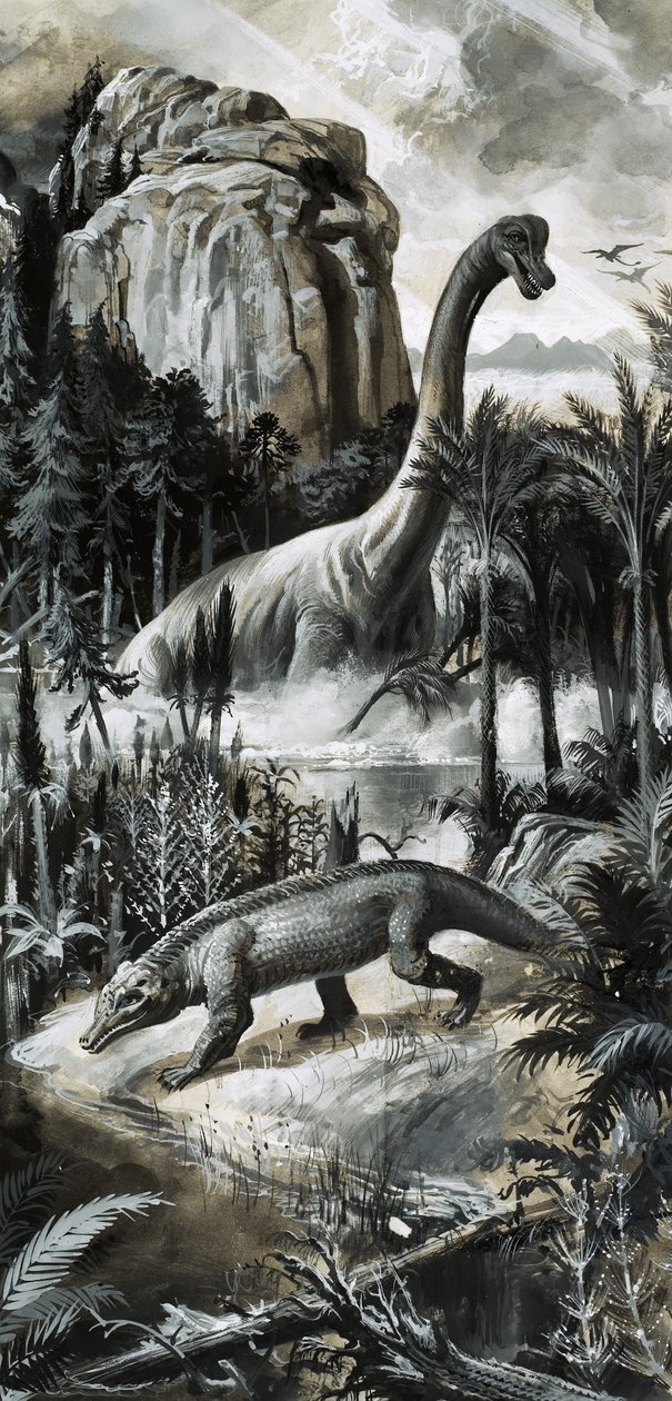 Dinosaurussen (gouache op papier) door Roger Payne
