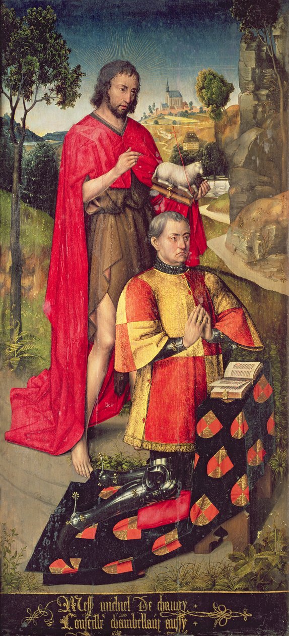 Linker paneel, van het hoofdaltaar polyptiek, met Jean de Chaugy, vader van de schenker van het altaarstuk, 1460-66 door Rogier van der Weyden
