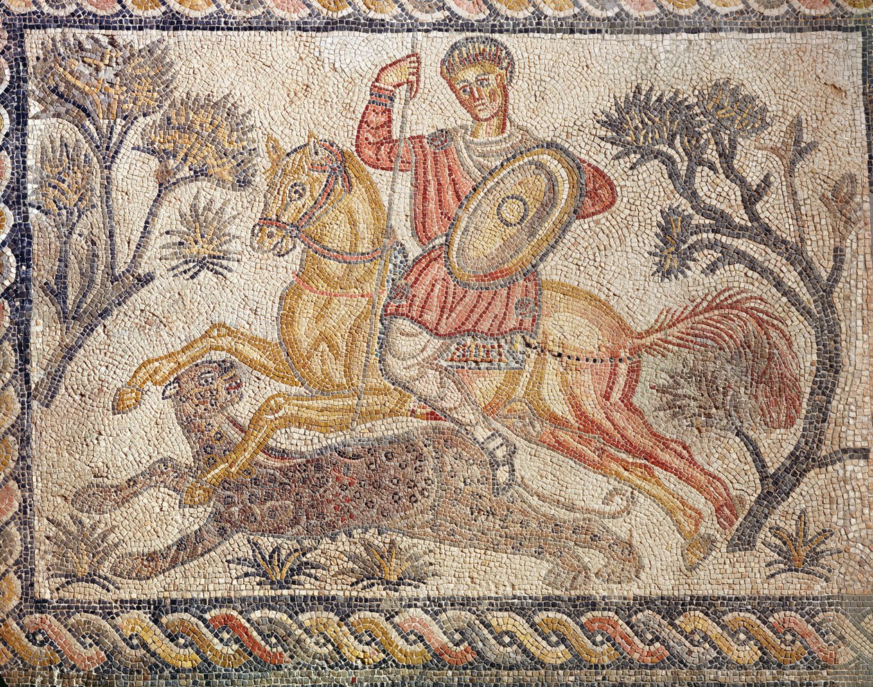 Een mozaïek dat een luipaardjacht uitbeeldt, van de Villa de las Tiendas, c.326-400 door Roman