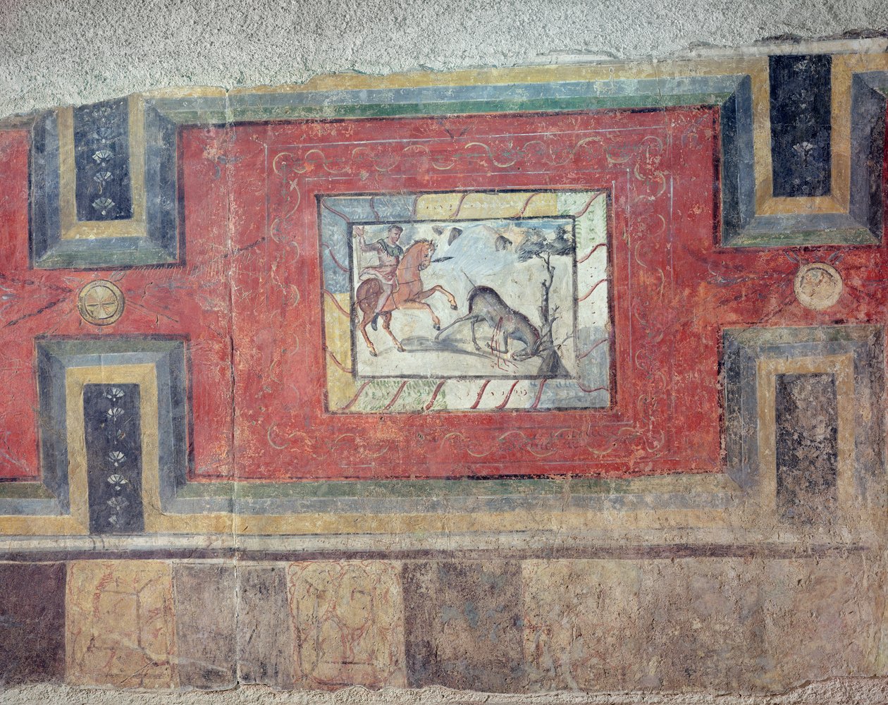 Een muurschildering die een jachtscène toont, uit een reconstructie van het interieur van een Romeins huis door Roman