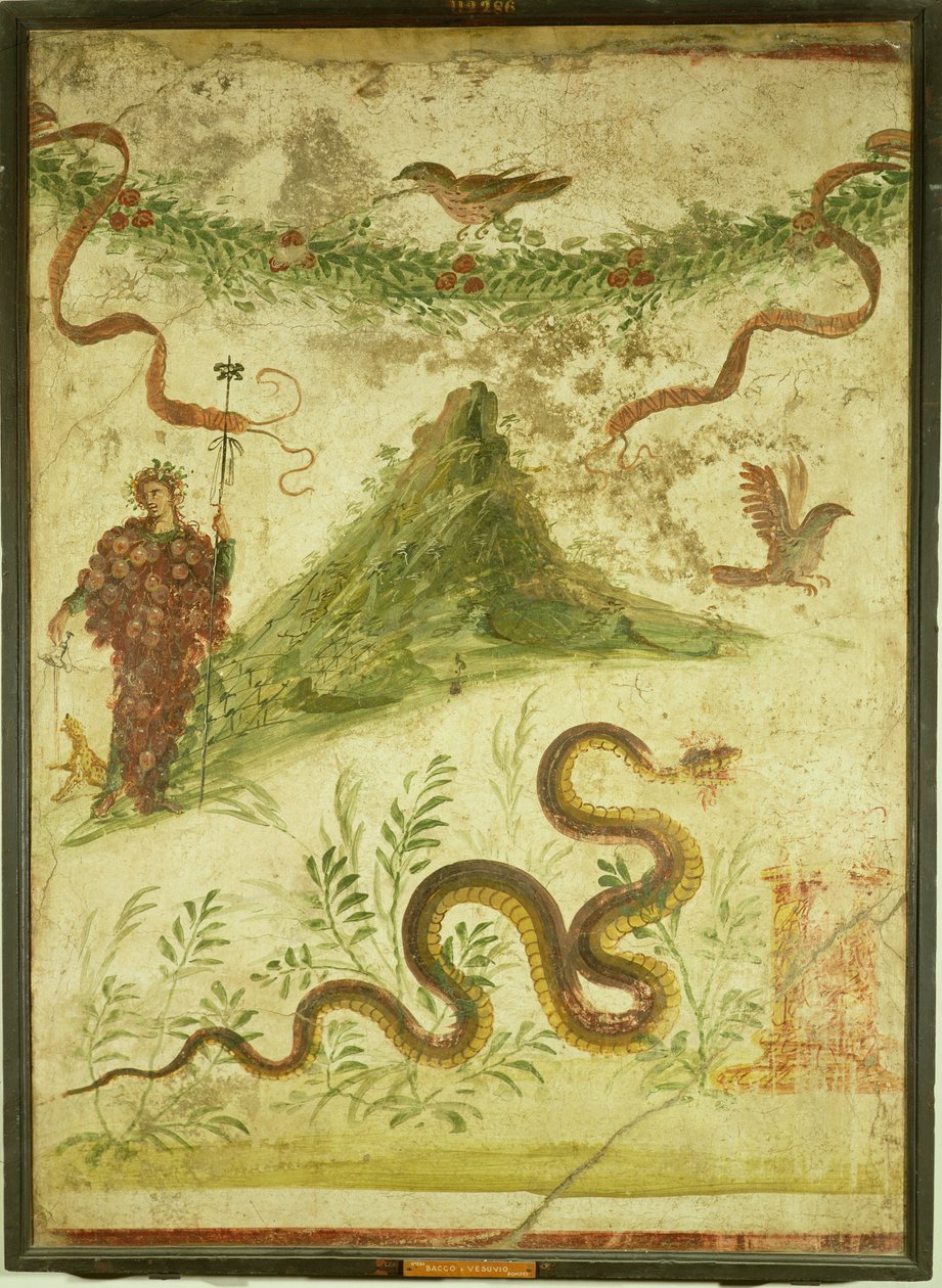 Bacchus en de Vesuvius, 1e eeuw na Christus, Romeins (muurschildering) door Roman