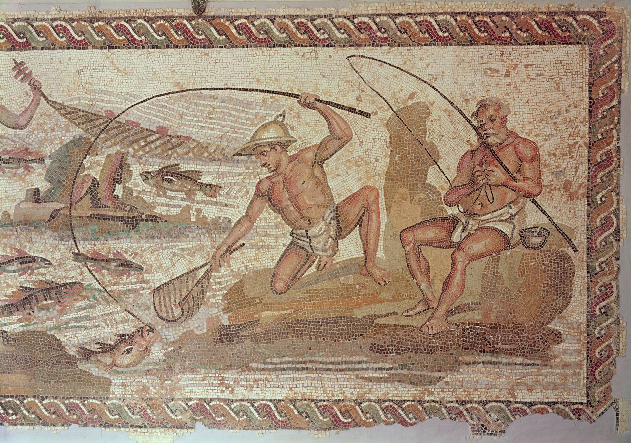 Mannen vissen op de Nijl, uit Villa Nile, Leptis Magna (mozaïek) door Roman