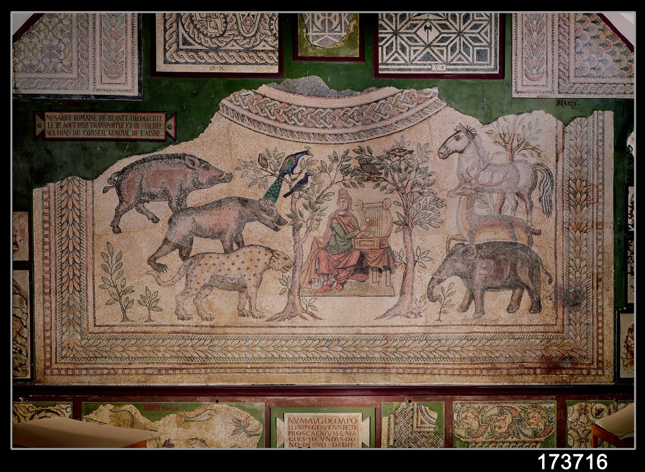 Orpheus betovert de dieren, van de site van Blanzy (mozaïek) door Roman