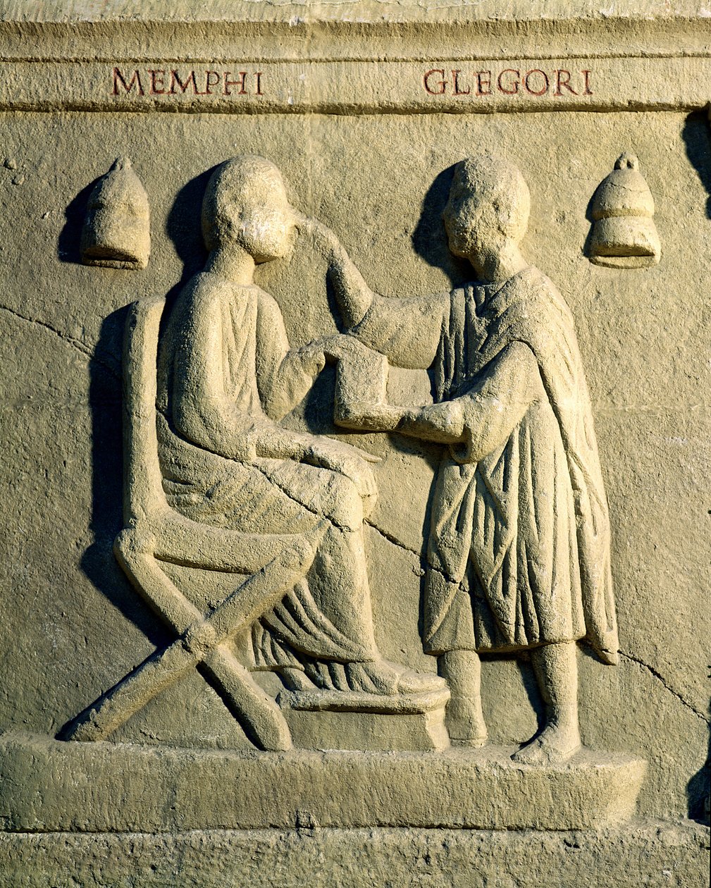 Reliëf dat een oogarts toont die een patiënt onderzoekt door Roman