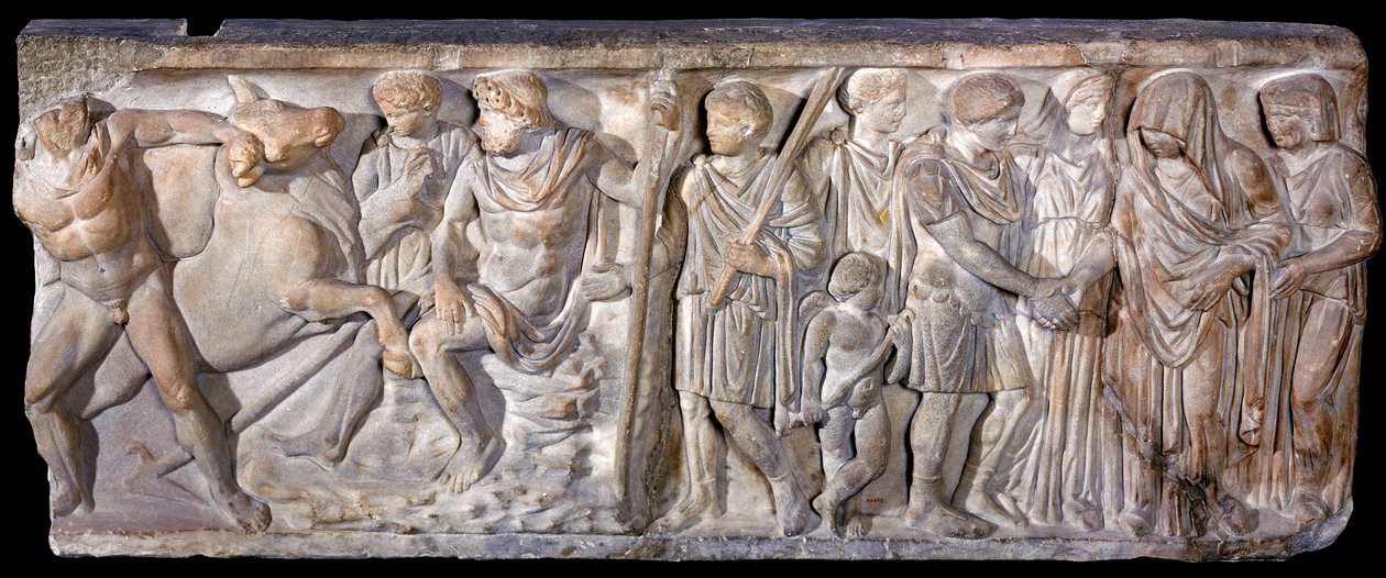 Sarcophagus met afbeelding van Jason en de vuurspuwende stier in Colchis door Roman