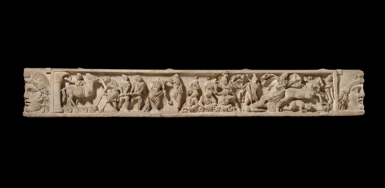 Sarcophagusdeksel met de Belegering van Troje, ca. 200 n.Chr. (marmer) door Roman