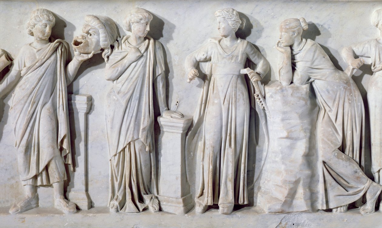 Sarcophagus van de Muzen, detail van Thalia, Erato, Euterpe en Polyhymnia, c.160 n.Chr. door Roman
