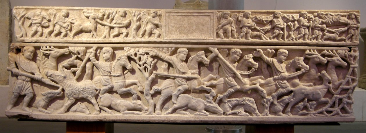 Sarcophagus met een jacht door Roman